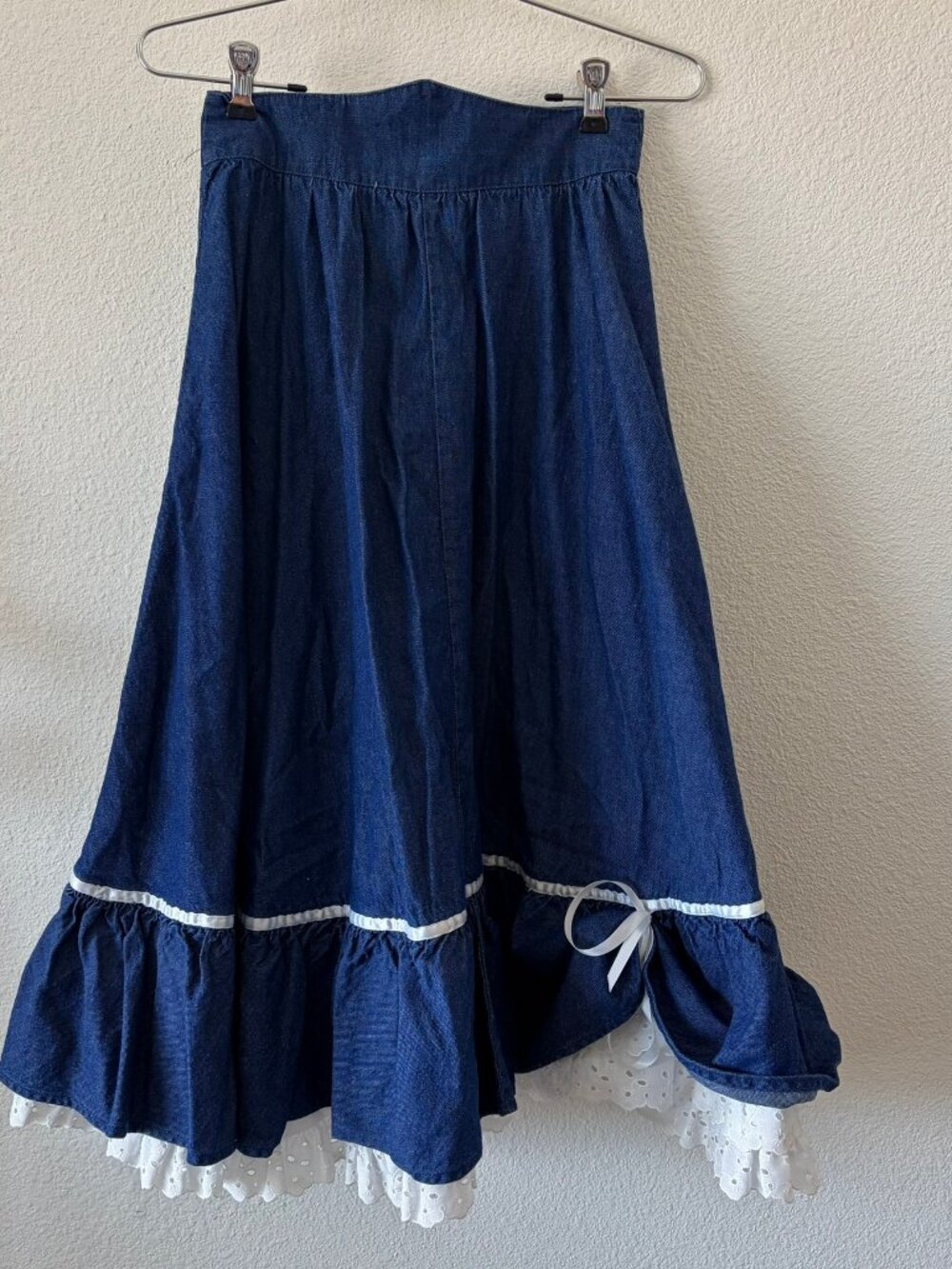 Vintage Stage West by Prior Denim Skirt Women XS Prairie Ruffle Eyelet Lace Trim